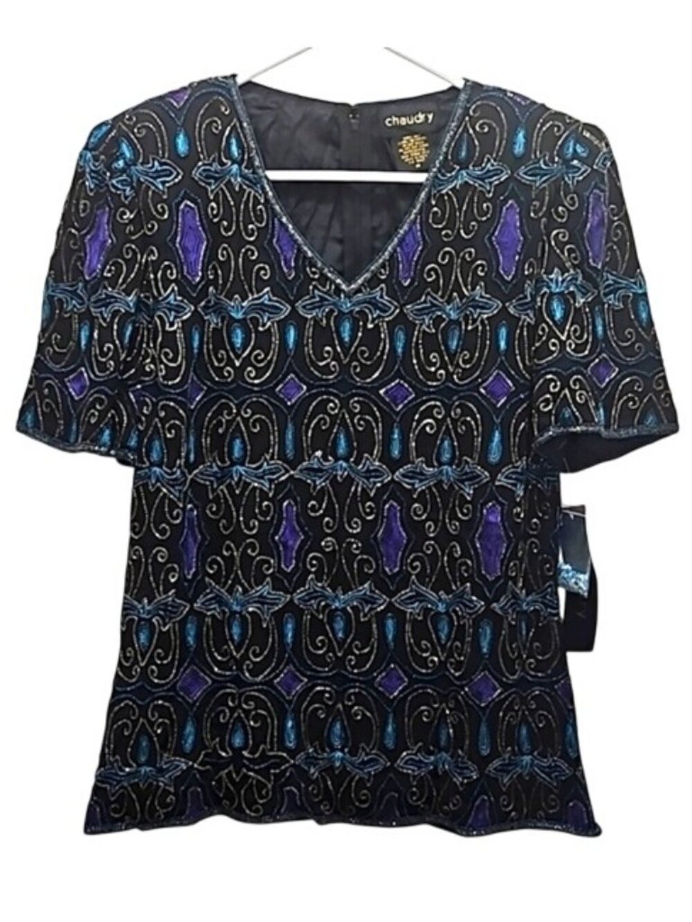 Chaudry V-Neck 100% Silk Beaded Blouse Top Medium New Special Occasion Evening